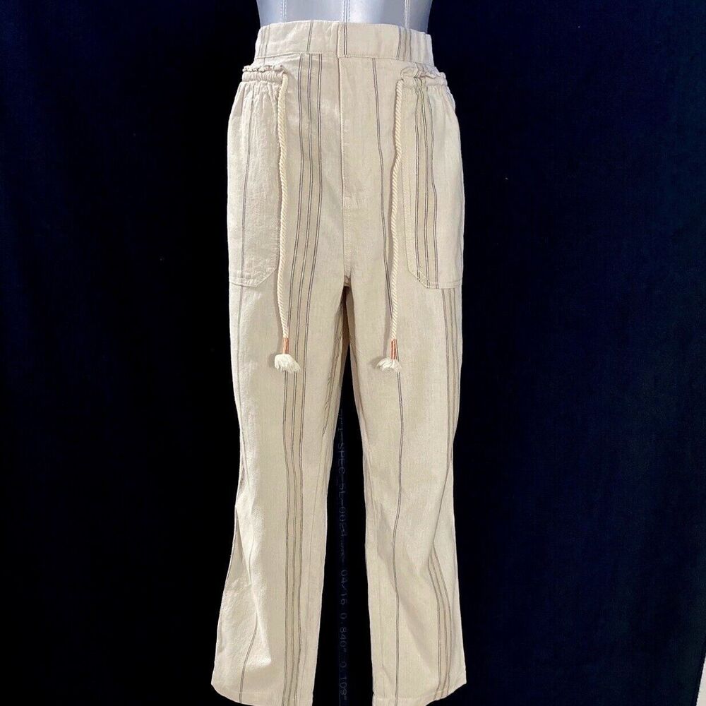 Anthropologie Pants LARGE Sea Shore Crop Beige‎ Navy Blue Stripe Crop Ankle